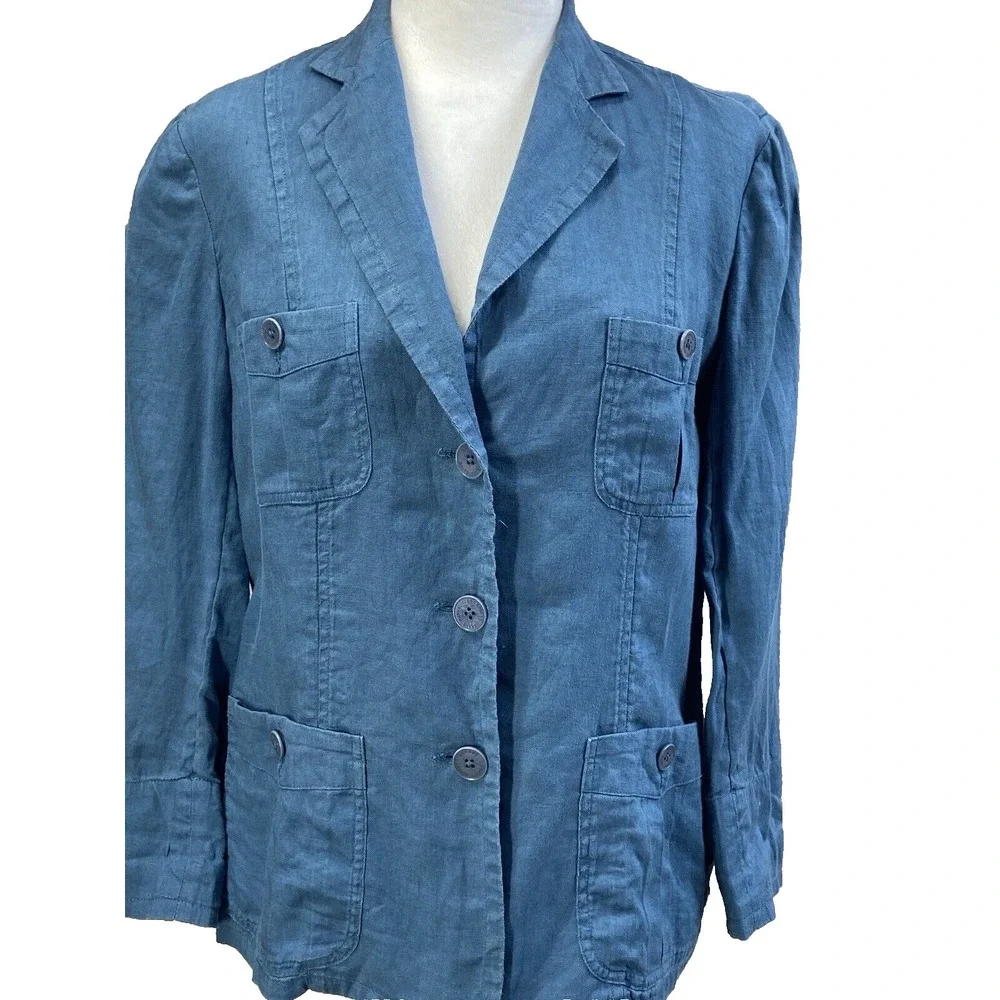 Lauren Ralph Lauren Blazer Womens 6P Blue 100%‎ Linen Utility Safari Jacket